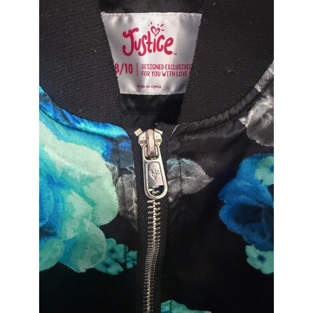Justice Girls Black Blue Teal Floral Satin Bomber Jacket Size 8/10